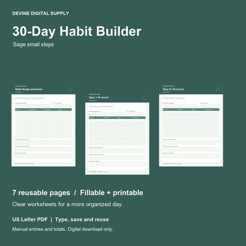 30-Day Habit Builder | Fillable PDF Kit cover with actual page previews