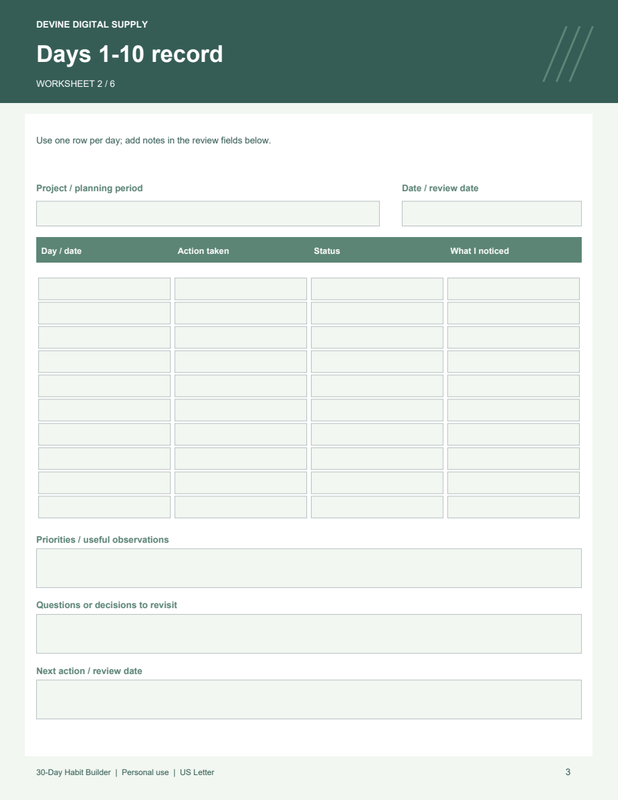 30-Day Habit Builder | Fillable PDF Kit worksheet preview 2