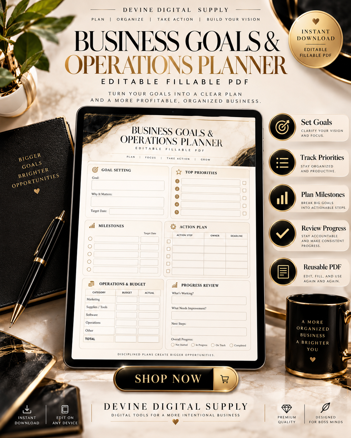 Business Goals & Operations Planner | Fillable PDF Workbook