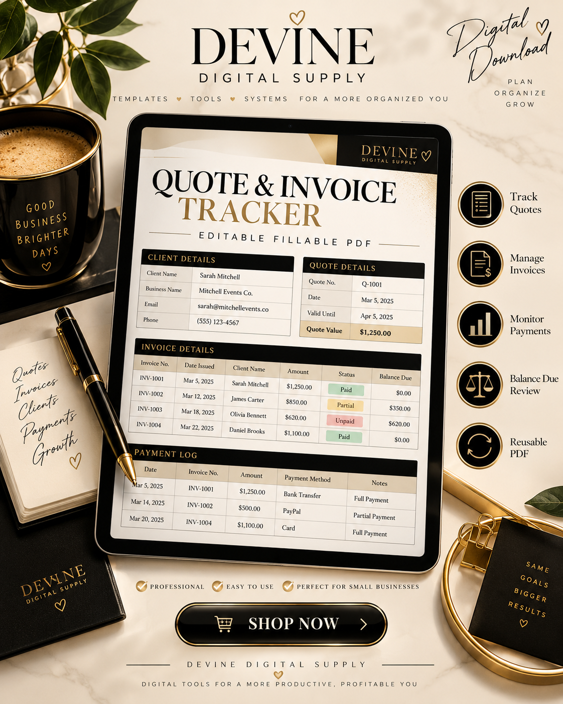 Quotes & Invoices Tracker | Fillable PDF Workbook
