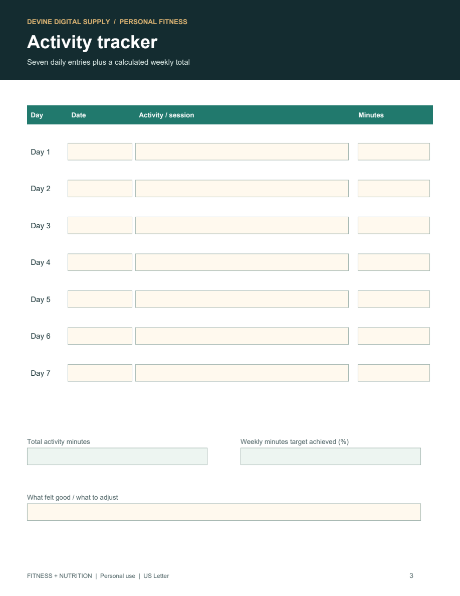 Personal Fitness & Nutrition Planner | Self-Calculating PDF