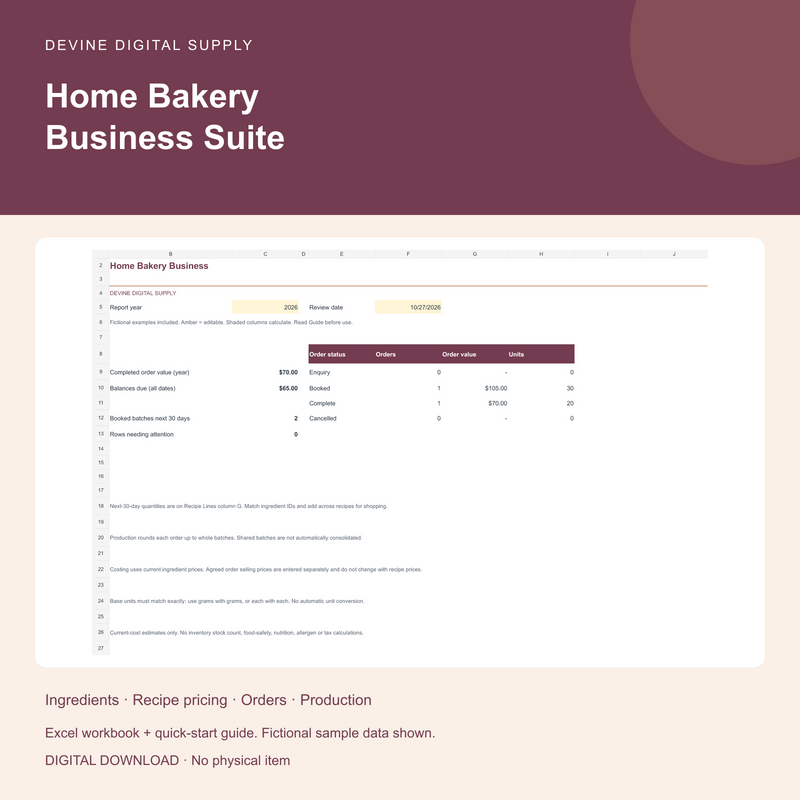 Home Bakery Business Suite | Recipe Pricing + Production Excel Toolkit — Cover; fictional examples