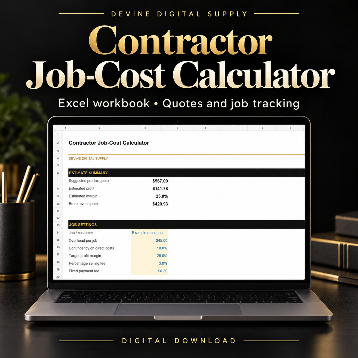 Contractor Job-Cost Calculator | Excel Workbook