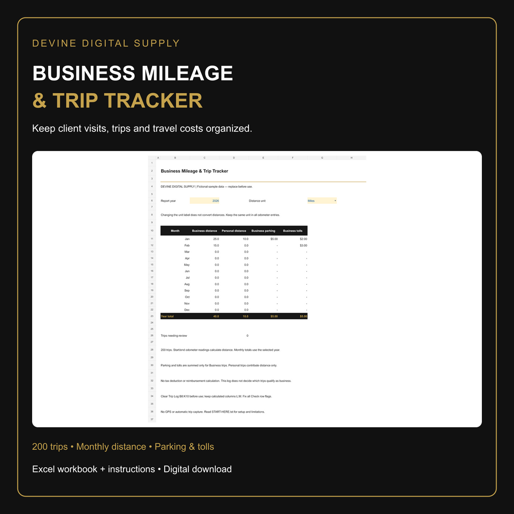Business Mileage & Trip Tracker | Excel Workbook