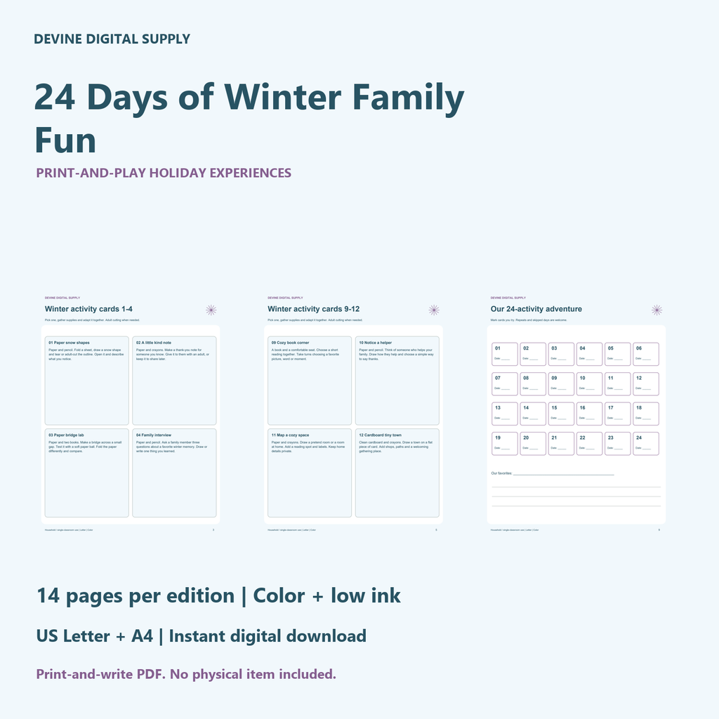 24 Days of Winter Family Fun | Printable Color + Low-Ink PDF Kit
