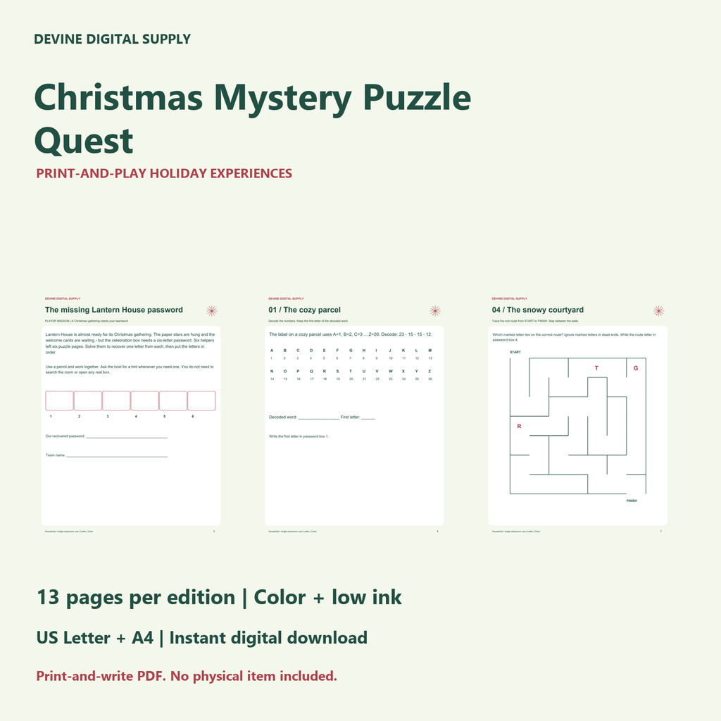Christmas Mystery Puzzle Quest | Printable Color + Low-Ink PDF Kit