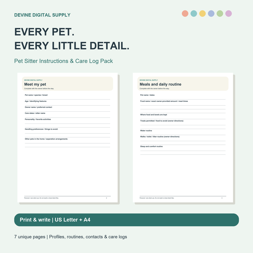 Pet Sitter Instructions & Care Log Pack | Printable PDF