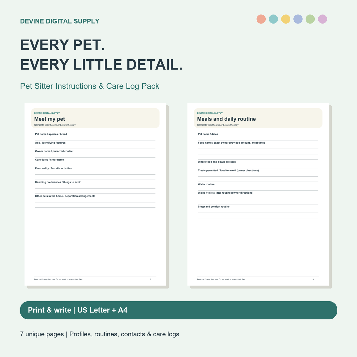 Pet Sitter Instructions & Care Log Pack | Printable PDF