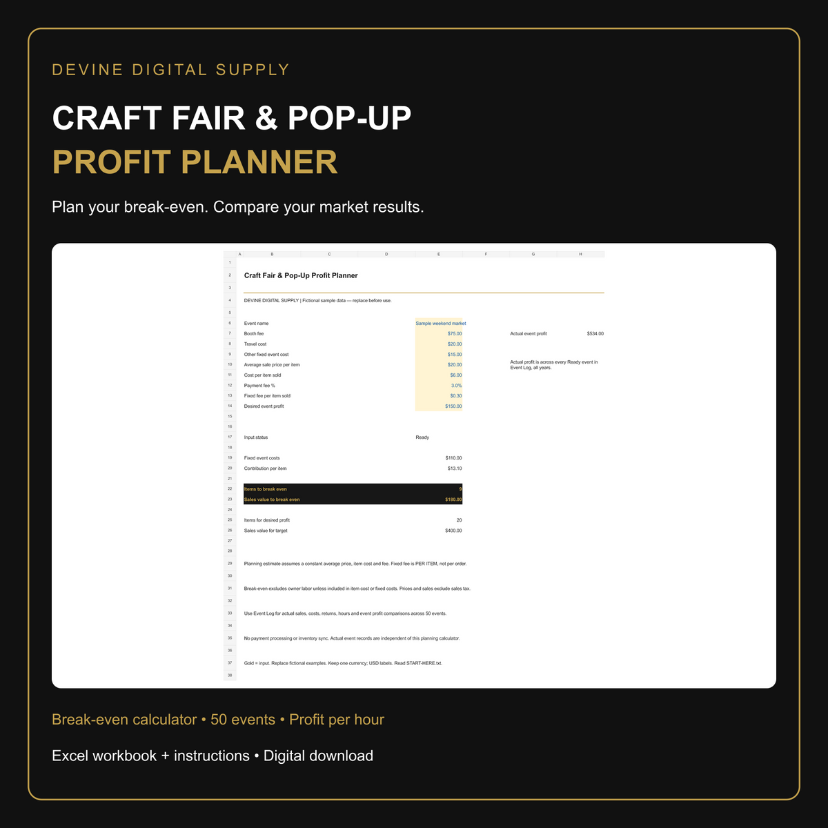 Craft Fair & Pop-Up Profit Planner | Excel Workbook