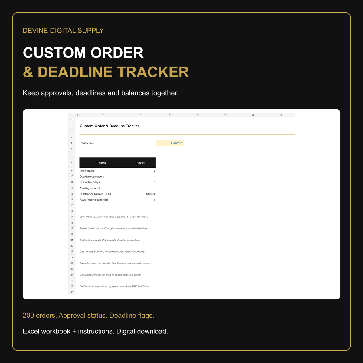 Custom Order & Deadline Tracker | Excel Workbook