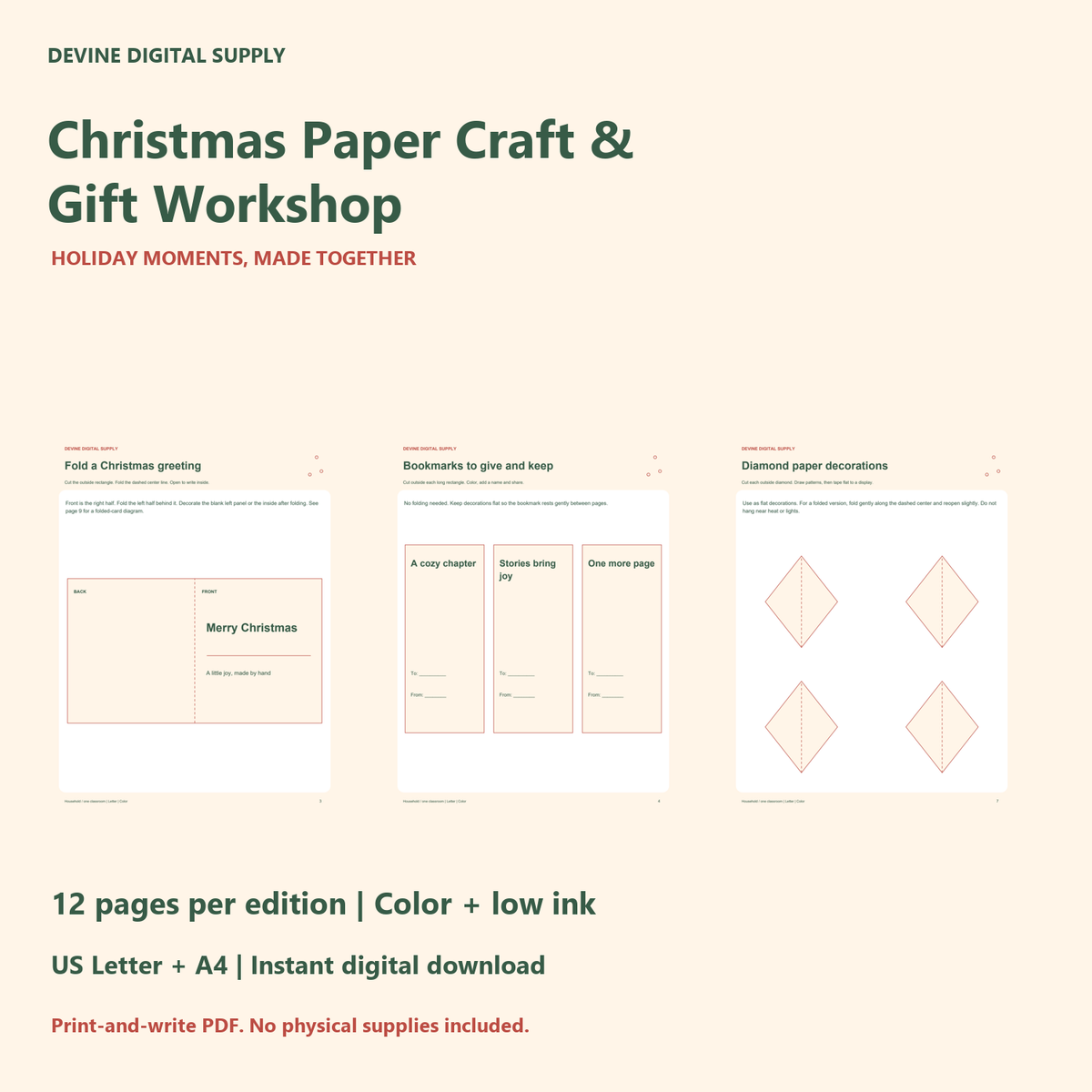 Christmas Paper Craft & Gift Workshop | Printable Color + Low-Ink PDF Kit