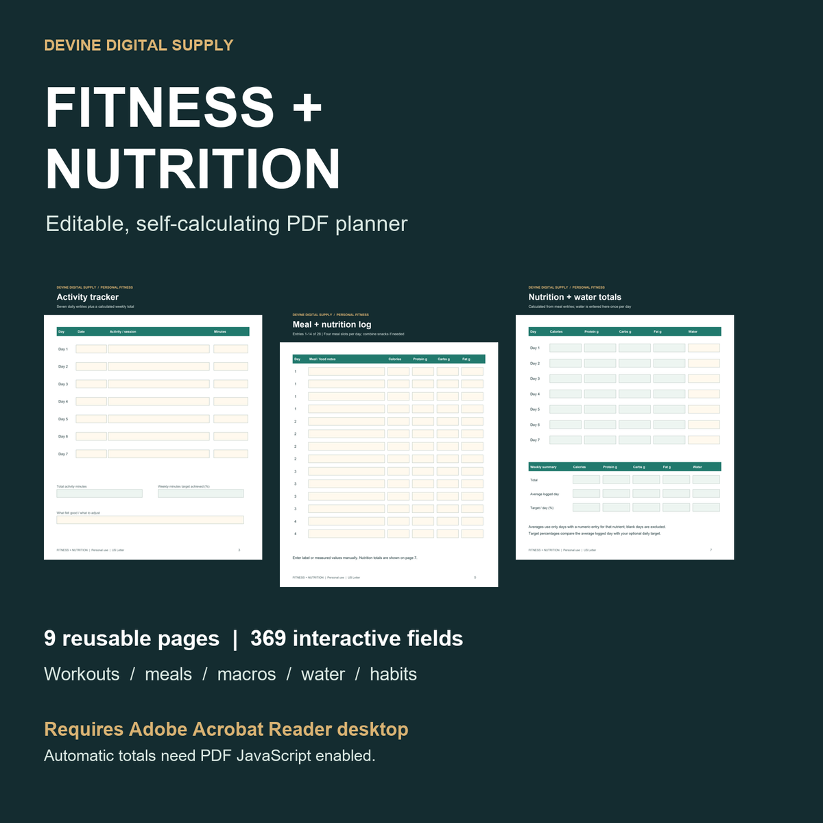 Personal Fitness & Nutrition Planner | Self-Calculating PDF
