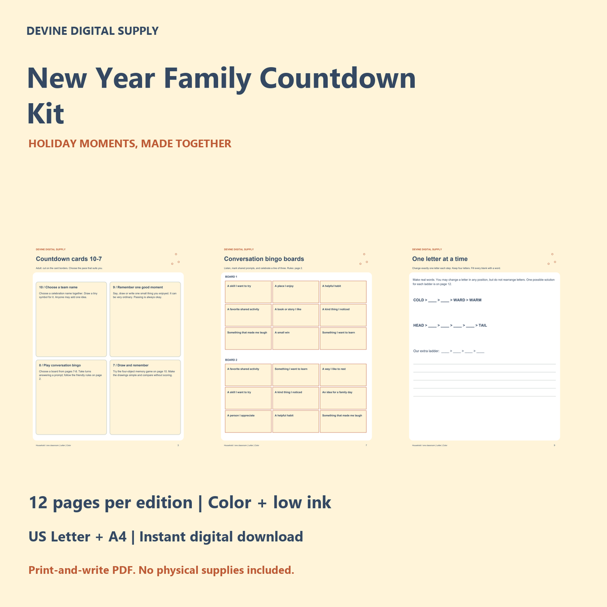 New Year Family Countdown Kit | Printable Color + Low-Ink PDF Kit