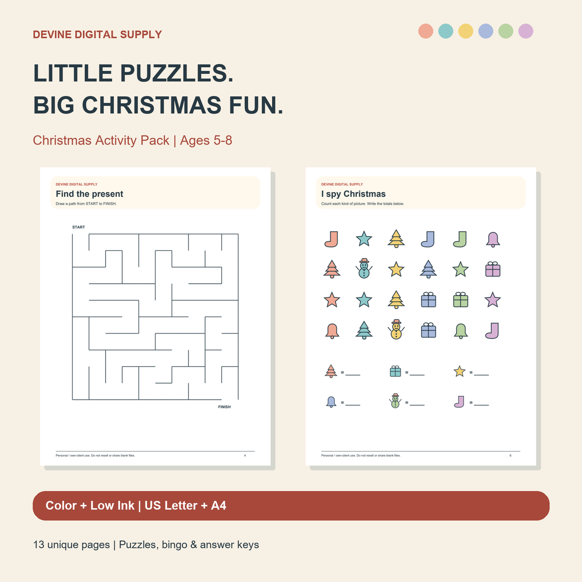 Christmas Activity Pack for Kids Ages 5-8 | Printable PDF Games