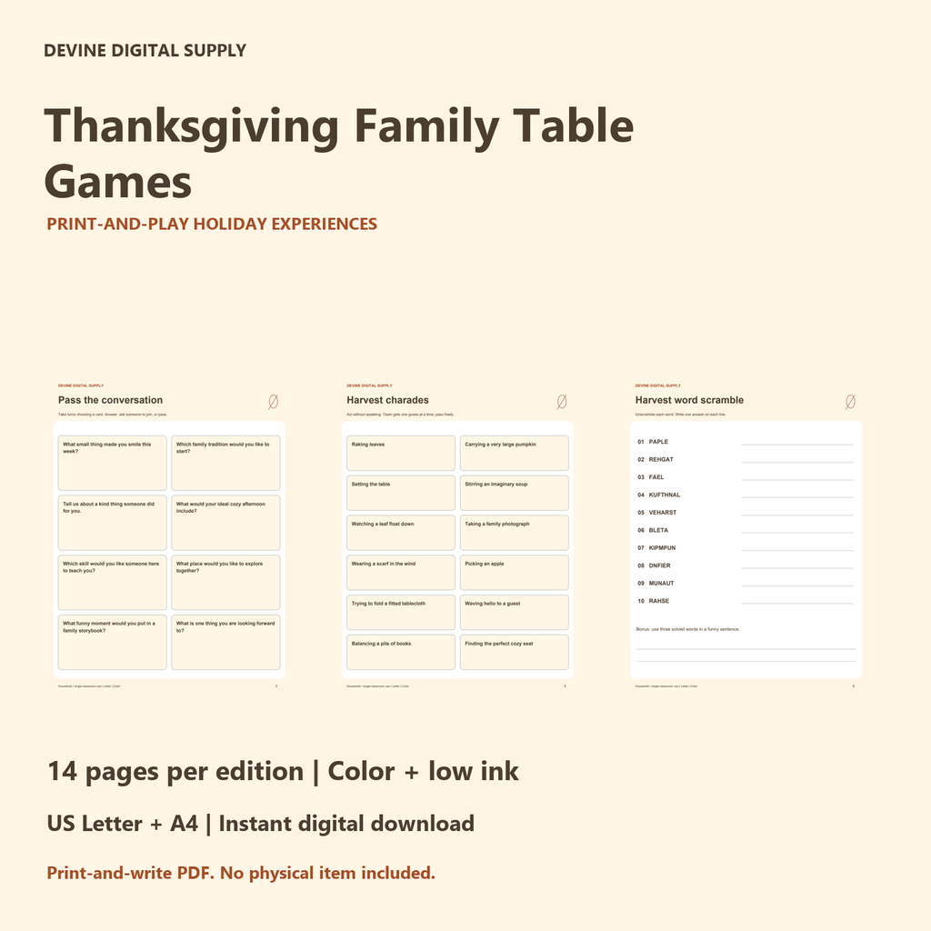 Thanksgiving Family Table Games | Printable Color + Low-Ink PDF Kit