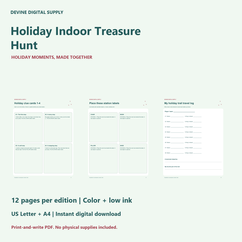 Holiday Indoor Treasure Hunt | Printable Color + Low-Ink PDF Kit