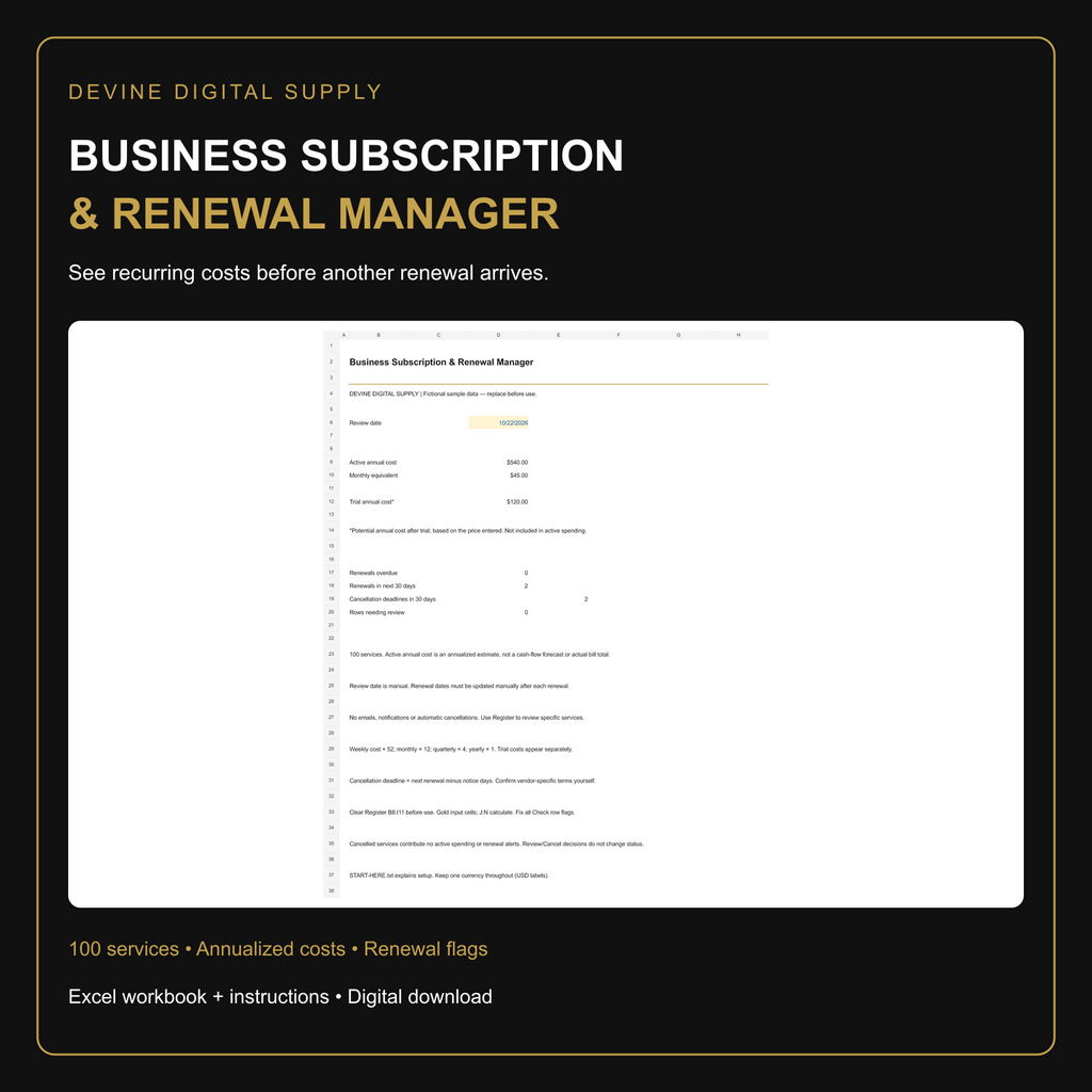 Business Subscription & Renewal Manager | Excel Workbook