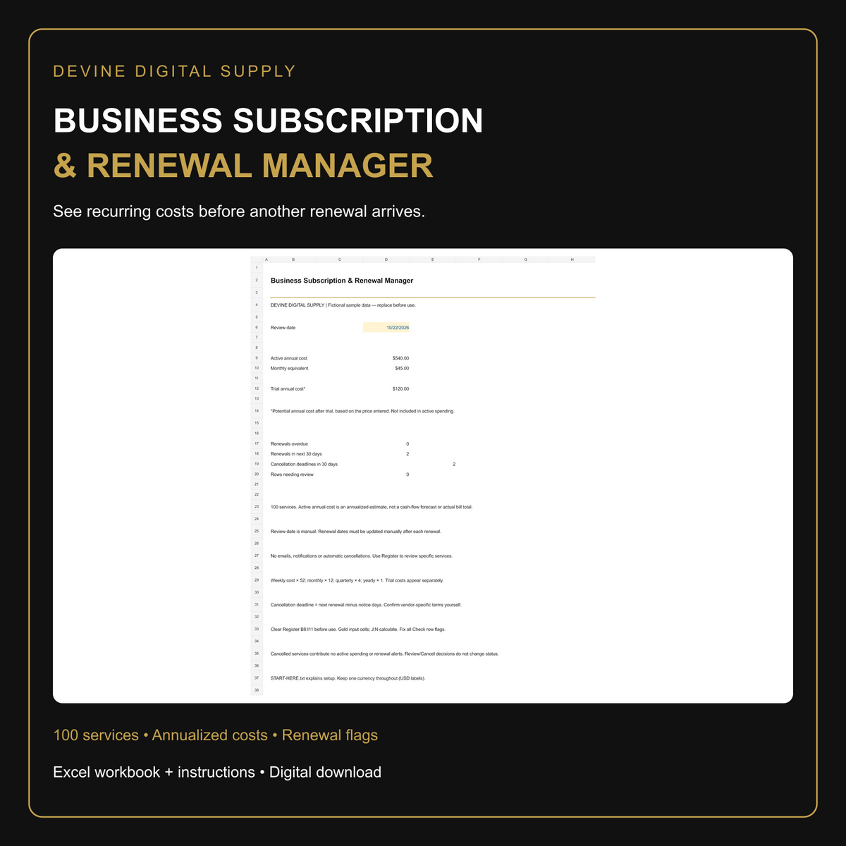 Business Subscription & Renewal Manager | Excel Workbook