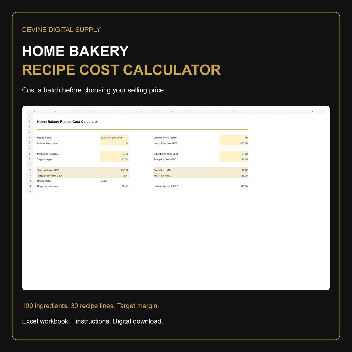 Home Bakery Recipe Cost Calculator | Excel Workbook