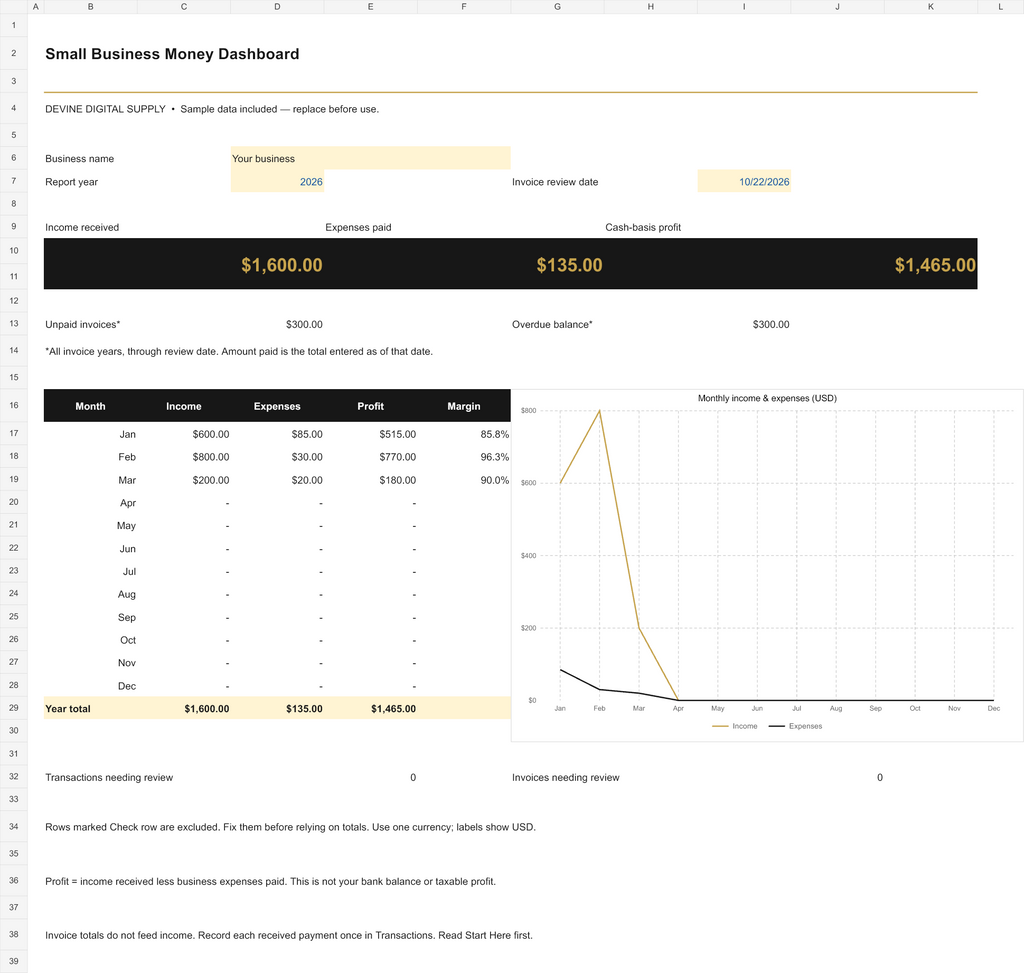 Small Business Money Dashboard | Excel Bookkeeping & Invoice Tracker
