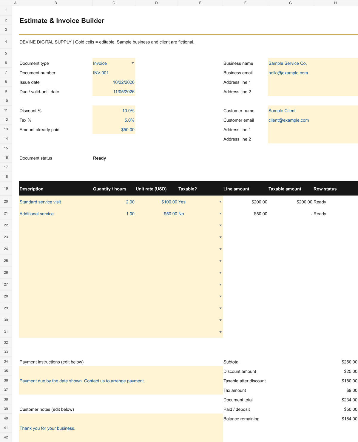 Estimate & Invoice Builder | Auto-Calculating Excel Template