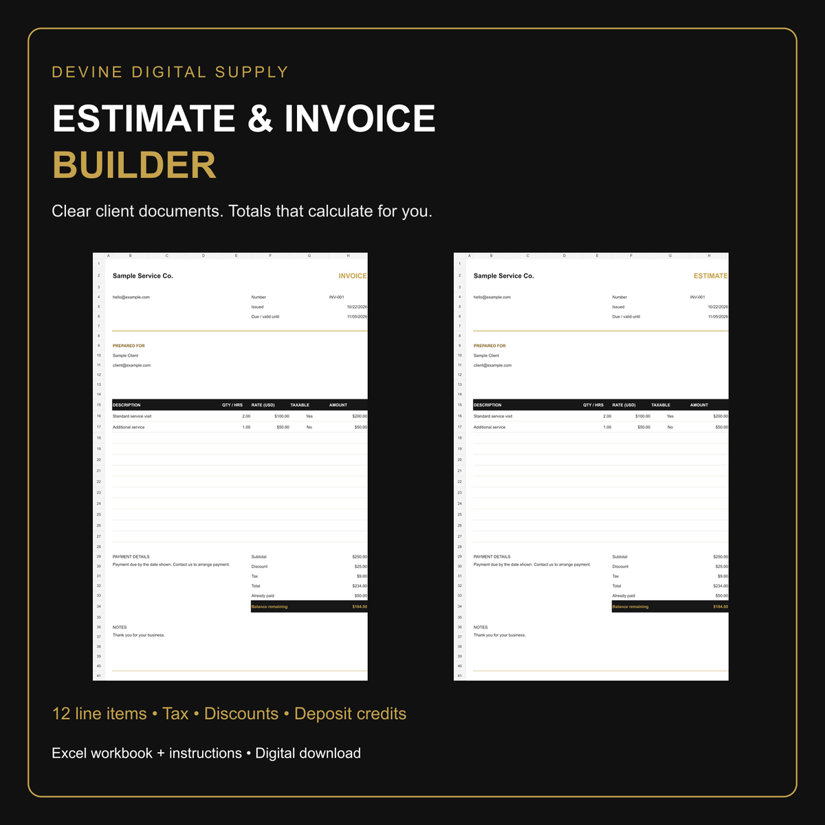 Estimate & Invoice Builder | Auto-Calculating Excel Template