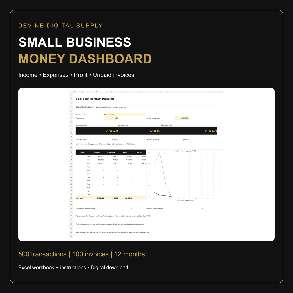 Small Business Money Dashboard | Excel Bookkeeping & Invoice Tracker