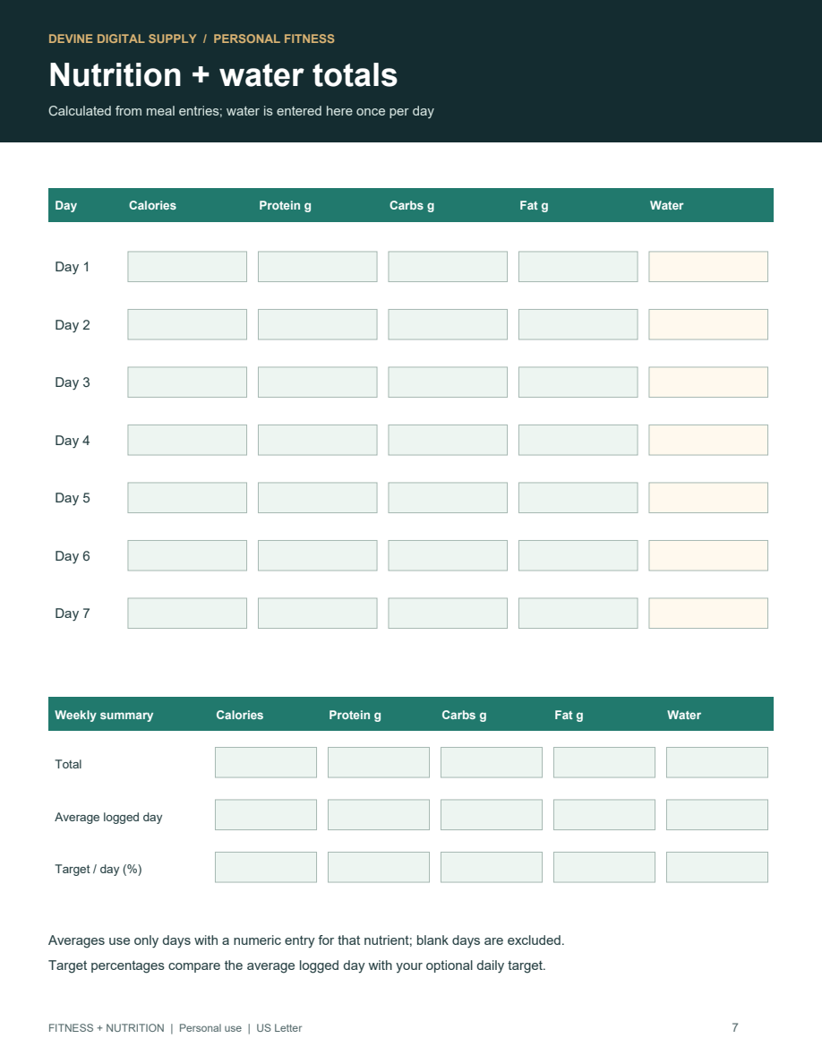 Personal Fitness & Nutrition Planner | Self-Calculating PDF