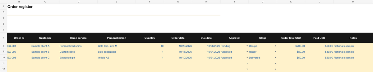 Custom Order & Deadline Tracker | Excel Workbook
