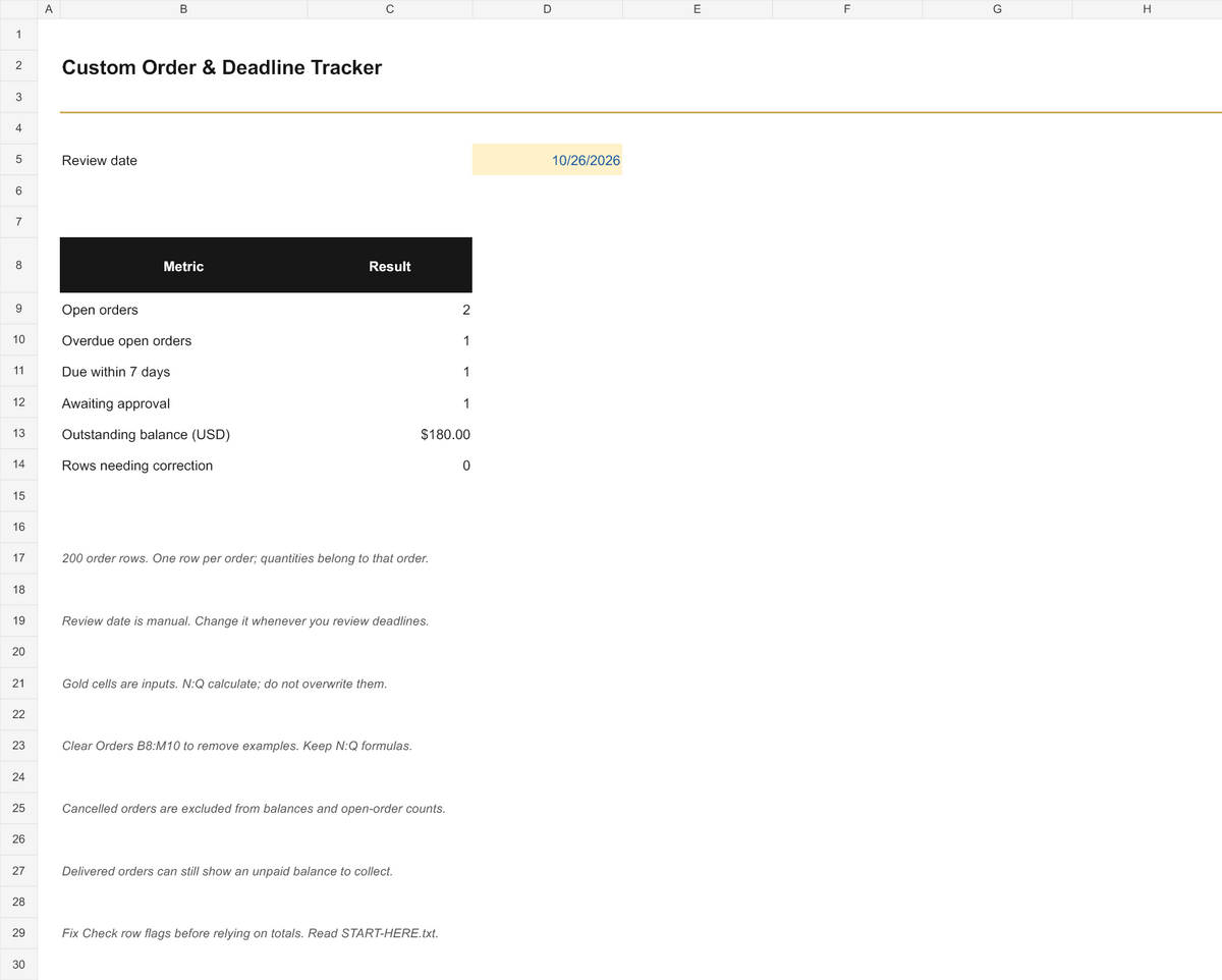 Custom Order & Deadline Tracker | Excel Workbook