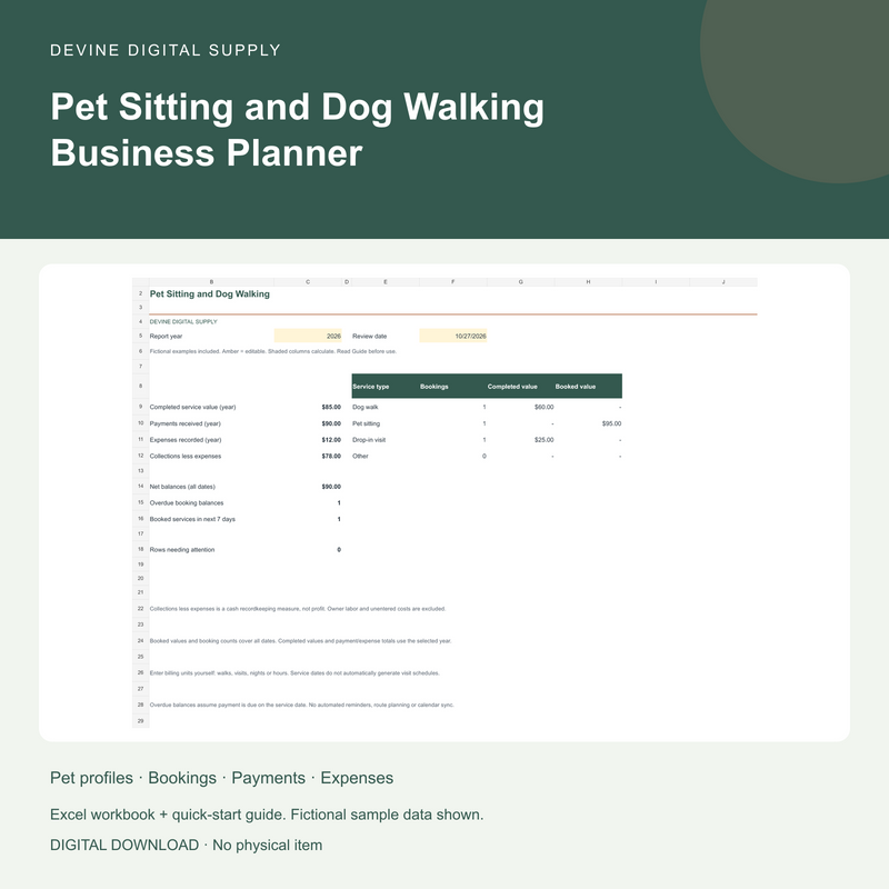 Pet Sitting & Dog Walking Business Planner | Excel Booking + Payment Tracker — Cover; fictional example data