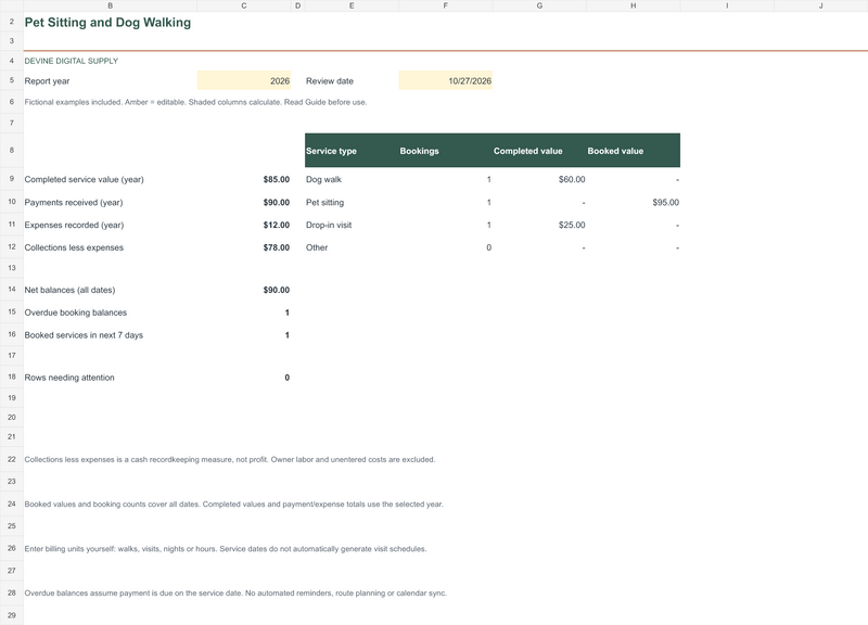 Pet Sitting & Dog Walking Business Planner | Excel Booking + Payment Tracker — Dashboard-Preview; fictional example data