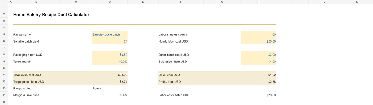 Home Bakery Recipe Cost Calculator | Excel Workbook