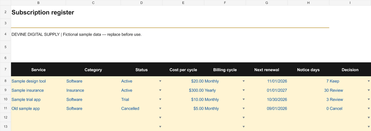 Business Subscription & Renewal Manager | Excel Workbook