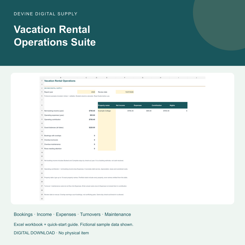 Vacation Rental Operations Suite | Booking + Turnover Excel Toolkit — Cover; fictional examples