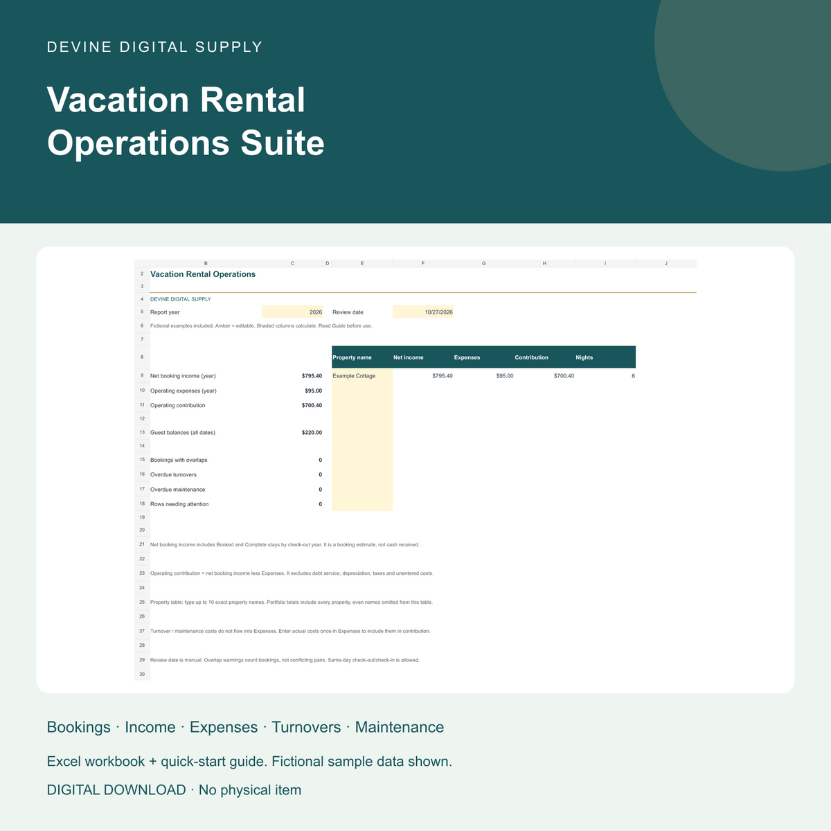 Vacation Rental Operations Suite | Booking + Turnover Excel Toolkit — Cover; fictional examples