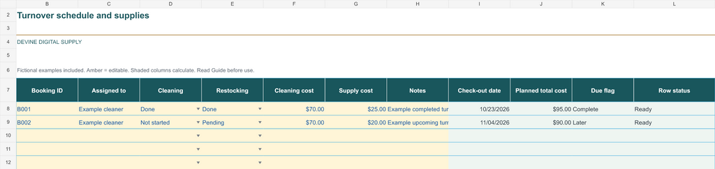 Vacation Rental Operations Suite | Booking + Turnover Excel Toolkit — Turnovers-Preview; fictional examples
