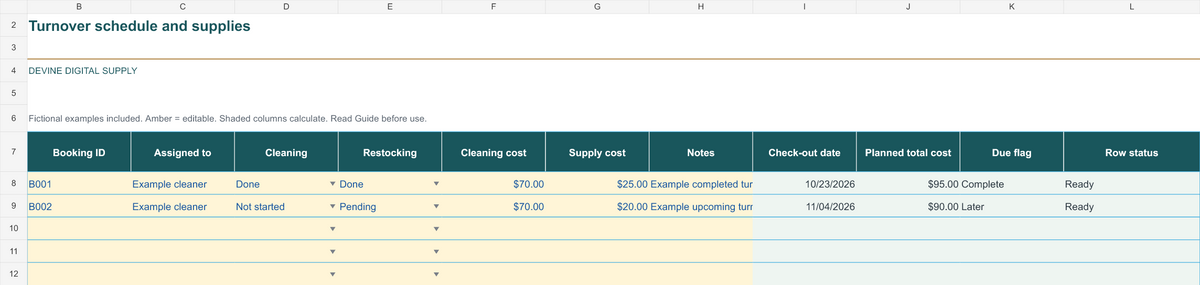 Vacation Rental Operations Suite | Booking + Turnover Excel Toolkit — Turnovers-Preview; fictional examples