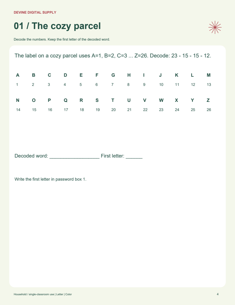 Christmas Mystery Puzzle Quest | Printable Color + Low-Ink PDF Kit