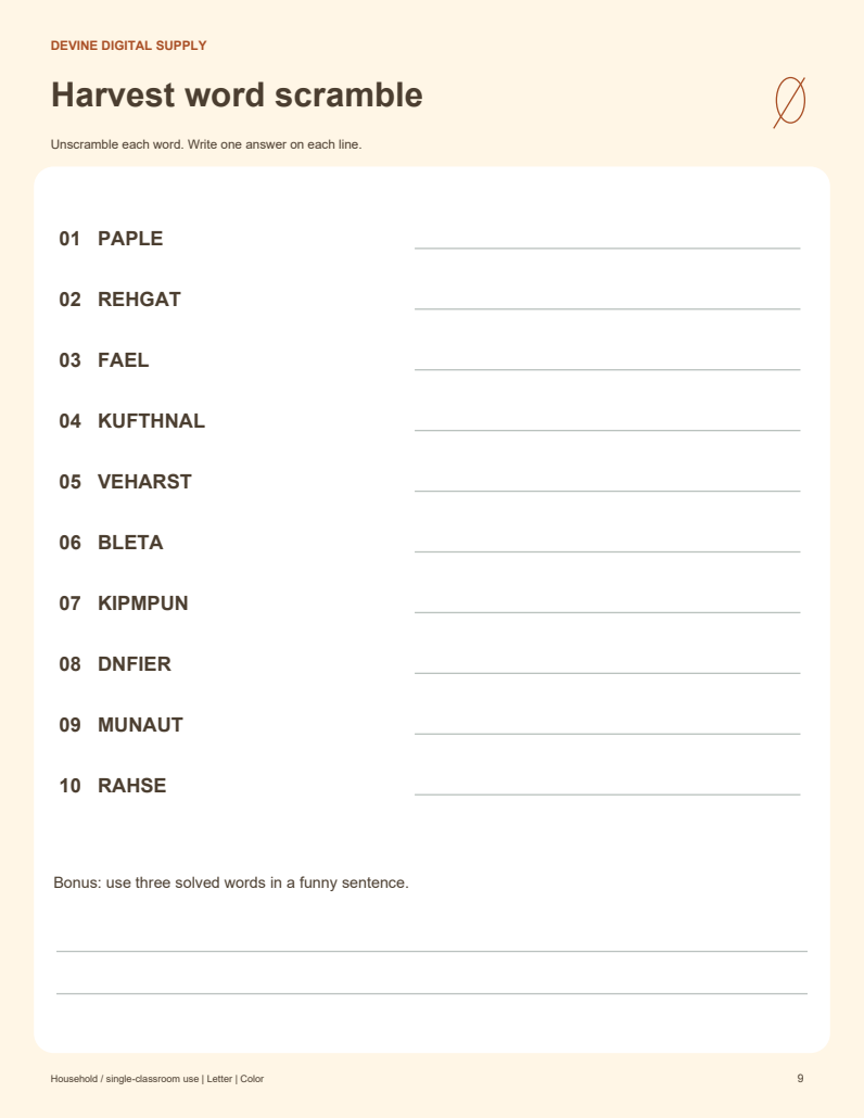 Thanksgiving Family Table Games | Printable Color + Low-Ink PDF Kit