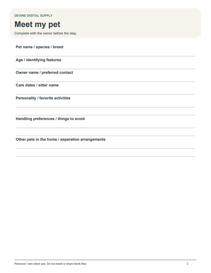Pet Sitter Instructions & Care Log Pack | Printable PDF
