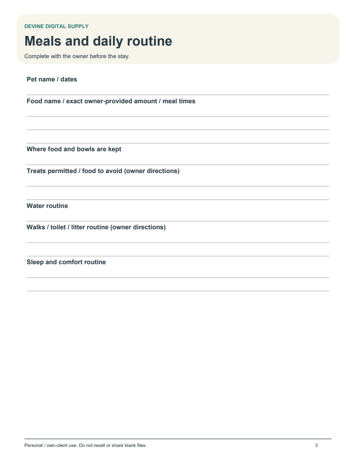 Pet Sitter Instructions & Care Log Pack | Printable PDF