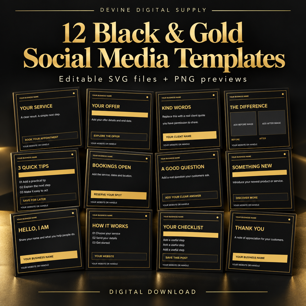 Black & Gold Social Media Template Pack | 12 Editable SVG Designs