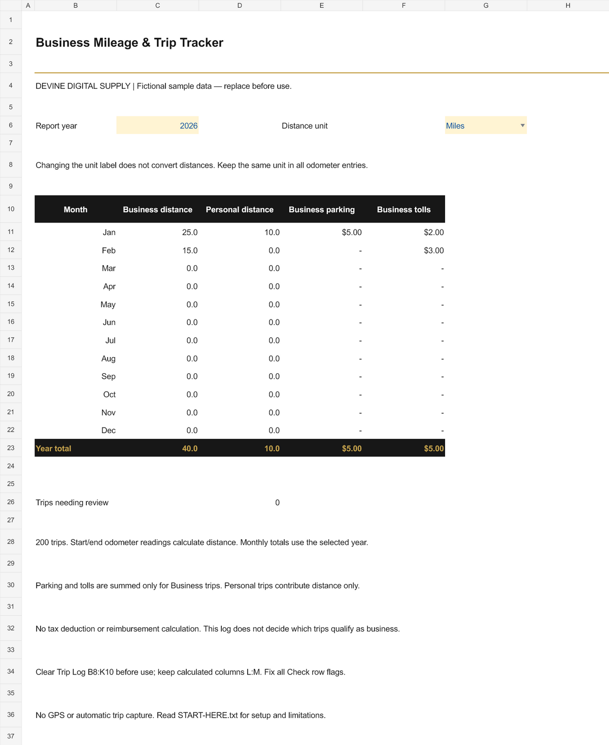 Business Mileage & Trip Tracker | Excel Workbook