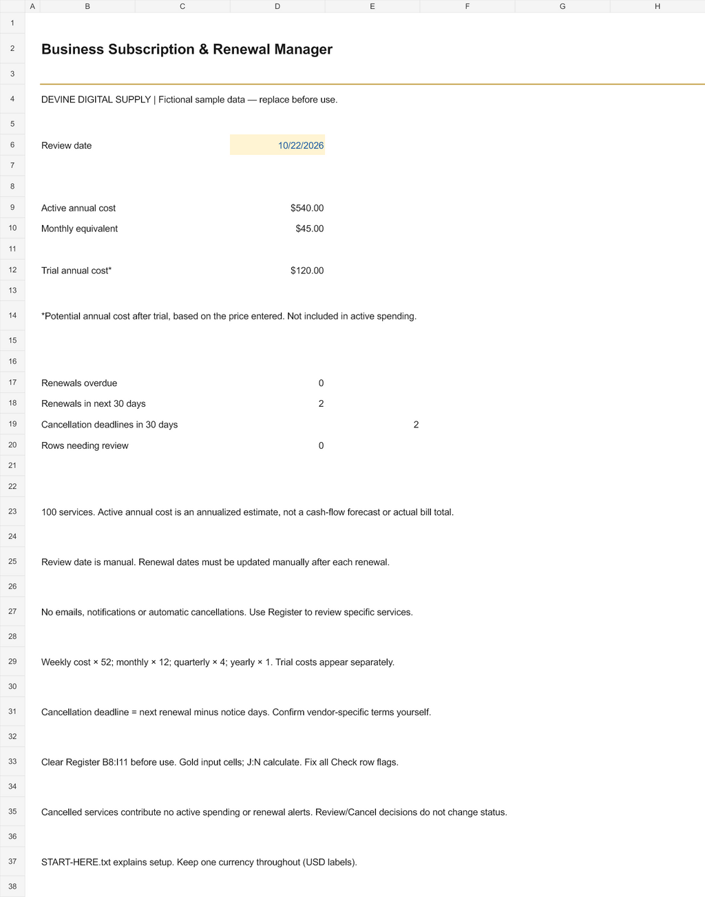 Business Subscription & Renewal Manager | Excel Workbook