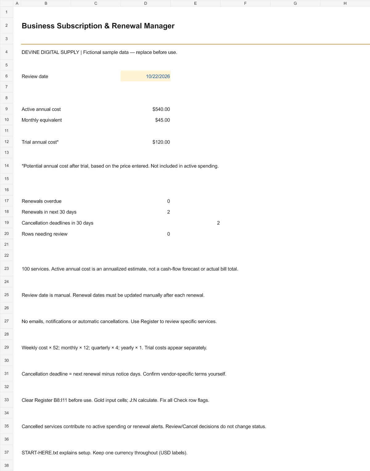 Business Subscription & Renewal Manager | Excel Workbook