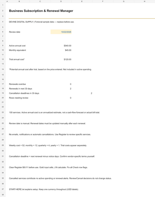 Business Subscription & Renewal Manager | Excel Workbook