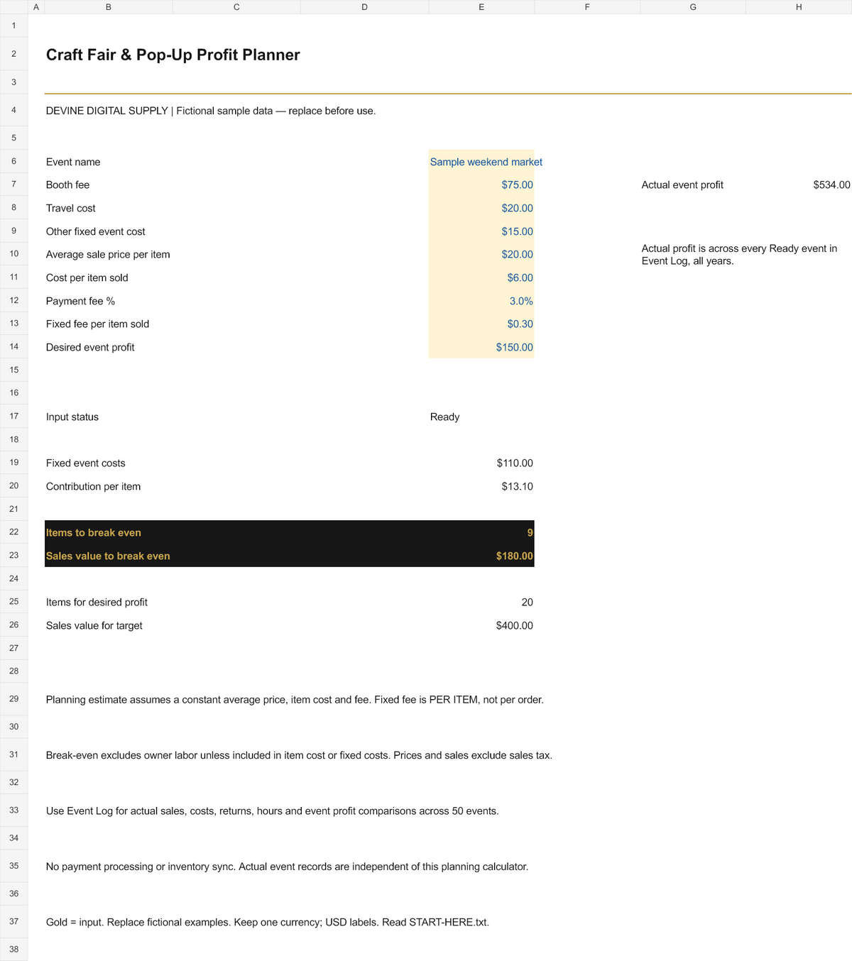 Craft Fair & Pop-Up Profit Planner | Excel Workbook