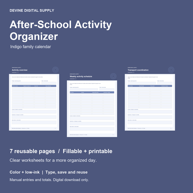 After-School Activity Organizer | Fillable PDF + Low-Ink Kit cover with actual page previews