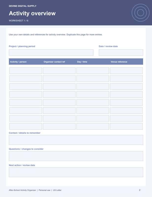 After-School Activity Organizer | Fillable PDF + Low-Ink Kit worksheet preview 1